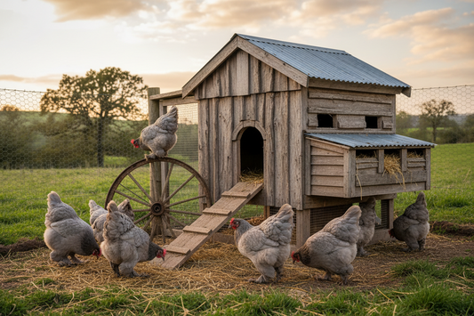 Self-blue Cochin bantam chickens in front of a well-maintained chicken coop demonstrating proper poultry housing