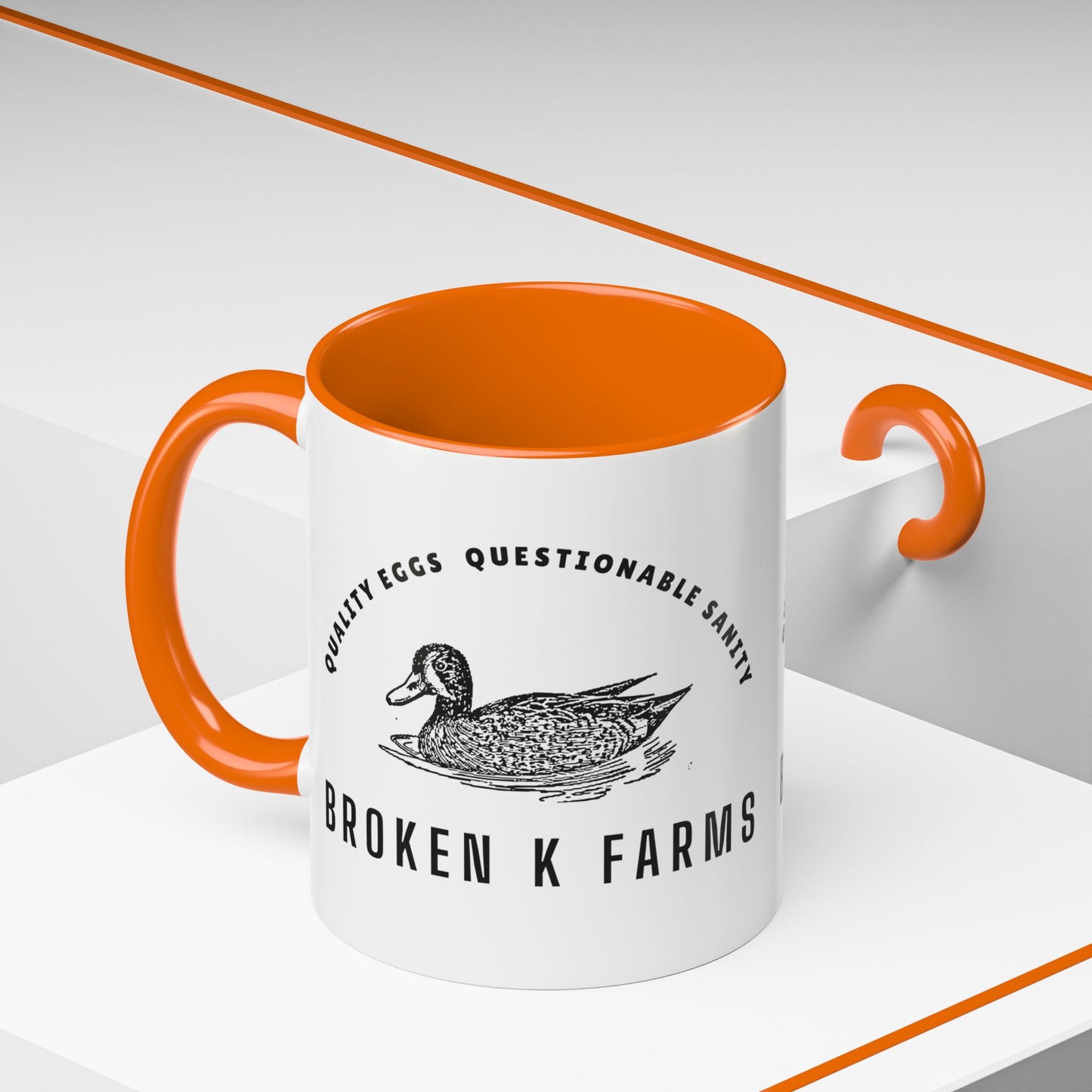 Broken K Farms Accent Coffee Mug – Vintage Duck Logo, "Quality Eggs Questionable Sanity"
