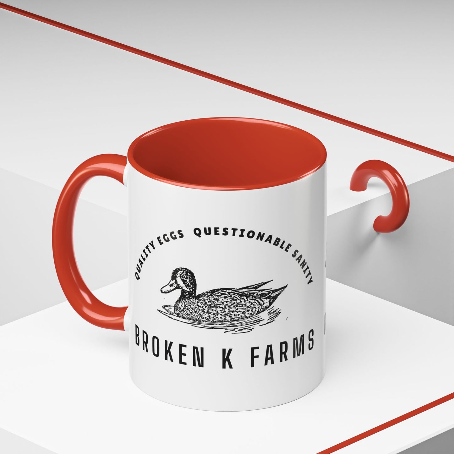 Broken K Farms Accent Coffee Mug – Vintage Duck Logo, "Quality Eggs Questionable Sanity"