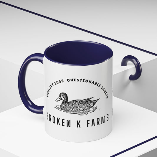 Broken K Farms Accent Coffee Mug – Vintage Duck Logo, "Quality Eggs Questionable Sanity"