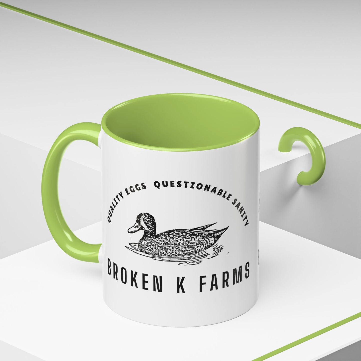 Broken K Farms Accent Coffee Mug – Vintage Duck Logo, "Quality Eggs Questionable Sanity"