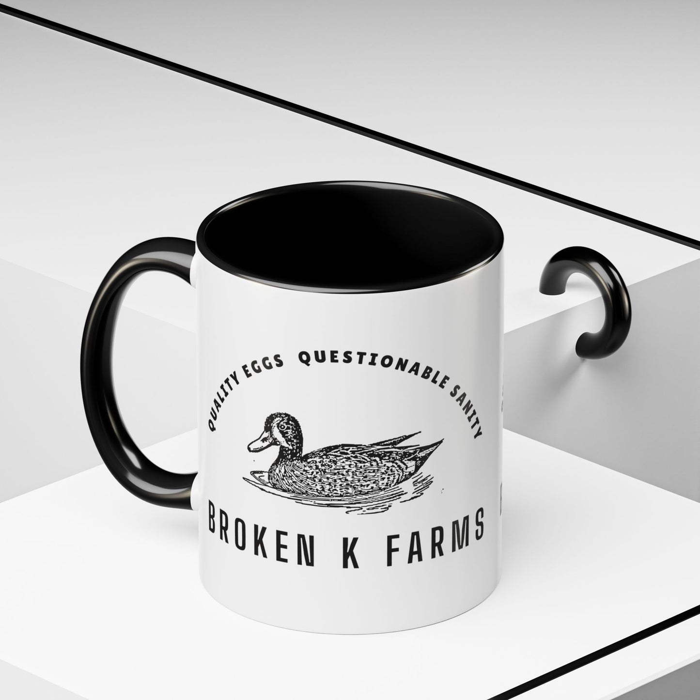 Broken K Farms Accent Coffee Mug – Vintage Duck Logo, "Quality Eggs Questionable Sanity"