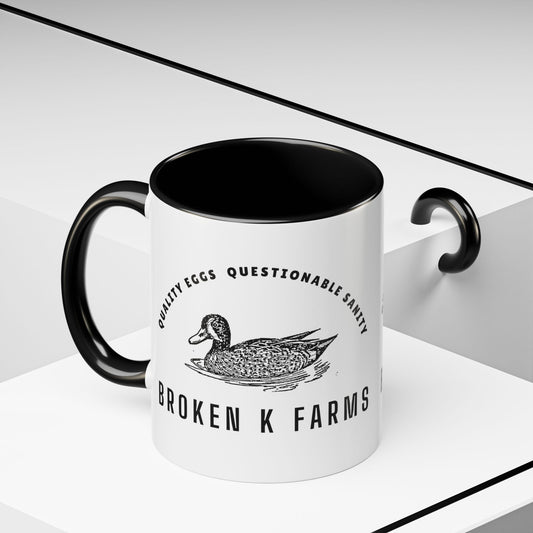 Broken K Farms Accent Coffee Mug – Vintage Duck Logo, "Quality Eggs Questionable Sanity"