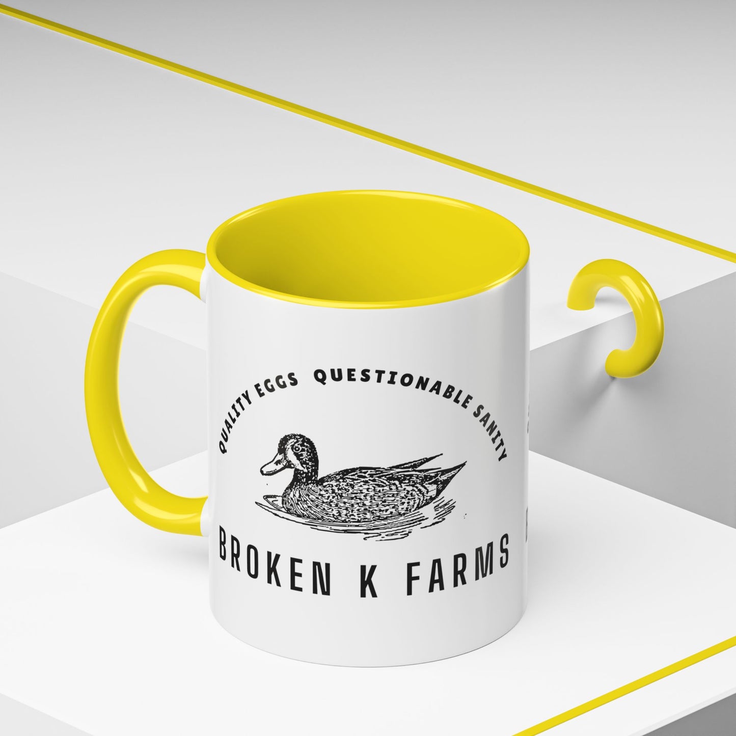 Broken K Farms Accent Coffee Mug – Vintage Duck Logo, "Quality Eggs Questionable Sanity"