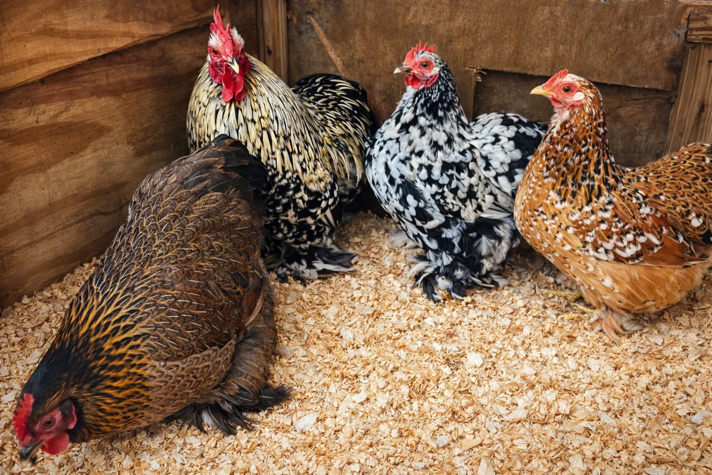 Four colorful heritage breed chickens in a wooden coop with pine shavings