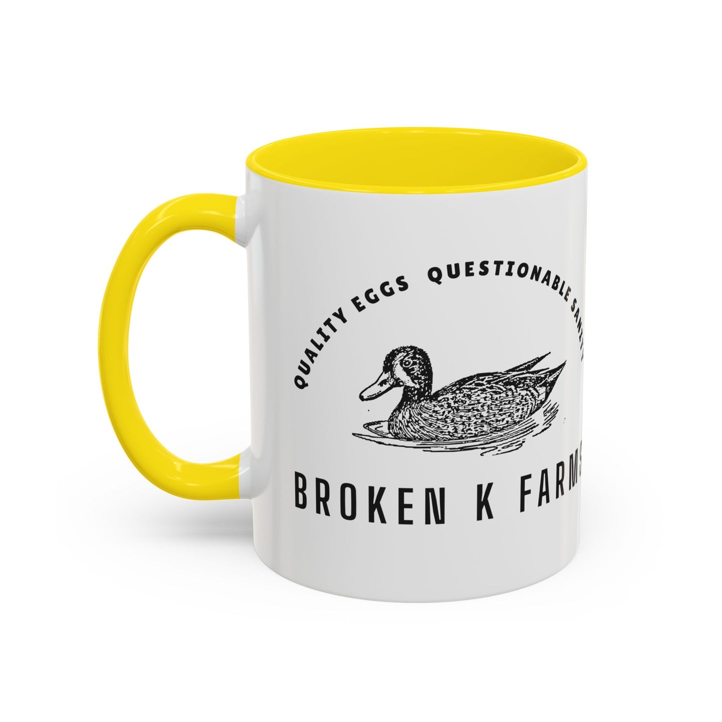 Broken K Farms Accent Coffee Mug – Vintage Duck Logo, "Quality Eggs Questionable Sanity"