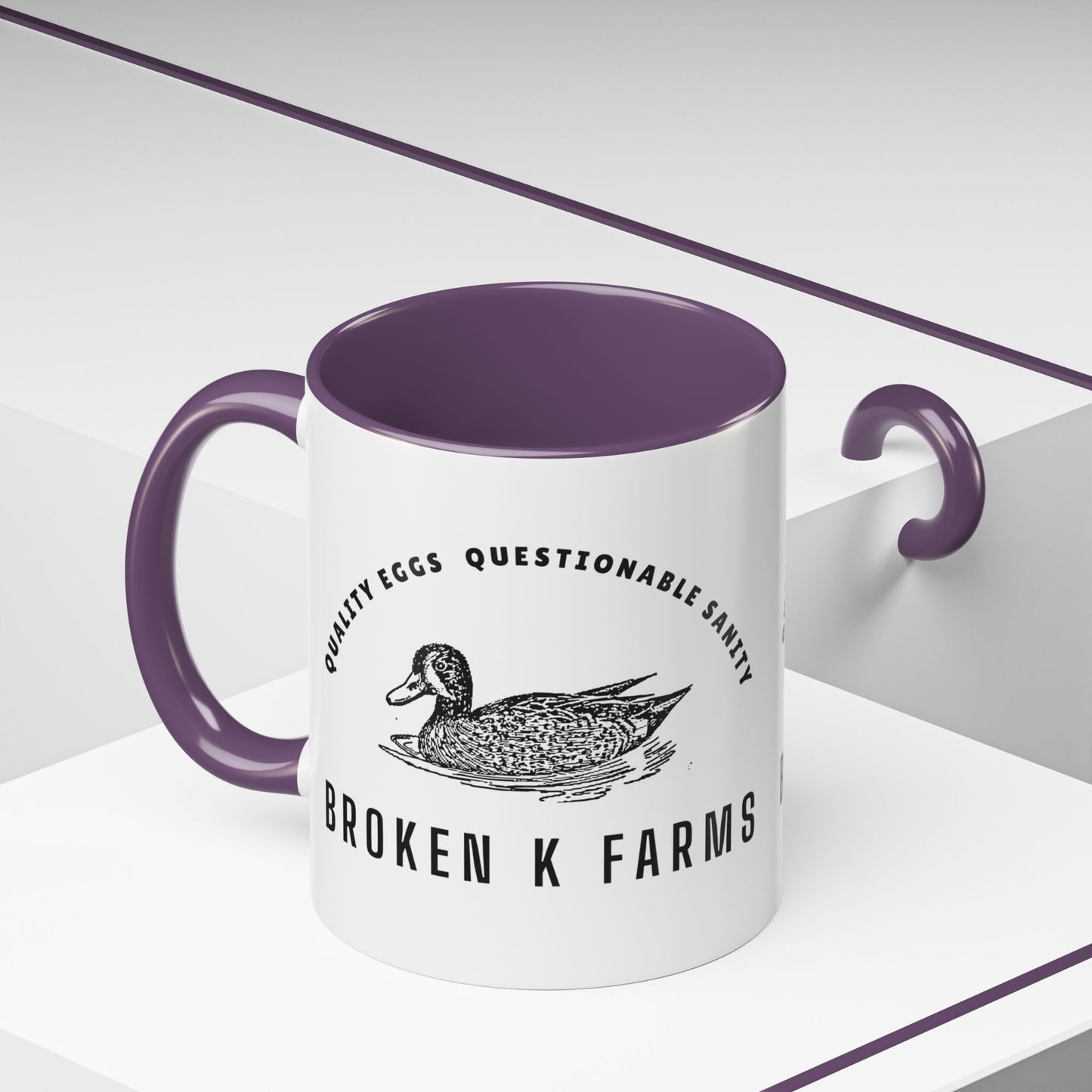Broken K Farms Accent Coffee Mug – Vintage Duck Logo, "Quality Eggs Questionable Sanity"
